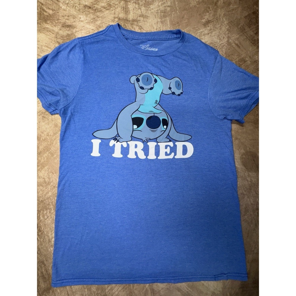 Disney Stitch "I Tried" Graphic T-Shirt Blue Adult Size Small Lilo & Stitch EUC